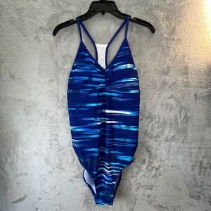 C9 Champion Womens Blue Striped Racerback One Piece Swimsuit Ruched V-Neck XL